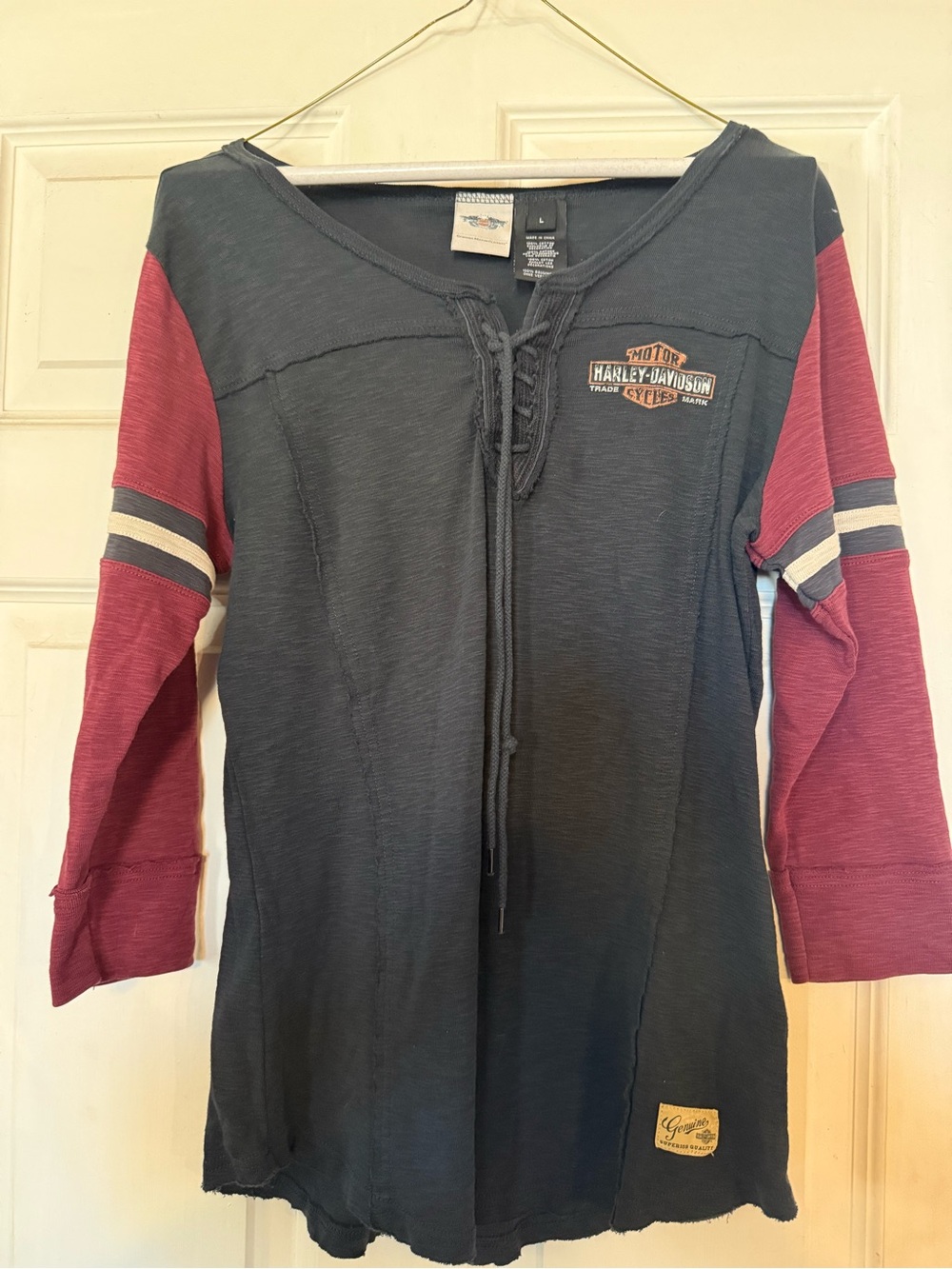 Harley-Davidson women’s  black and Burgundy Lace-Up 3/4 Sleeve Top
